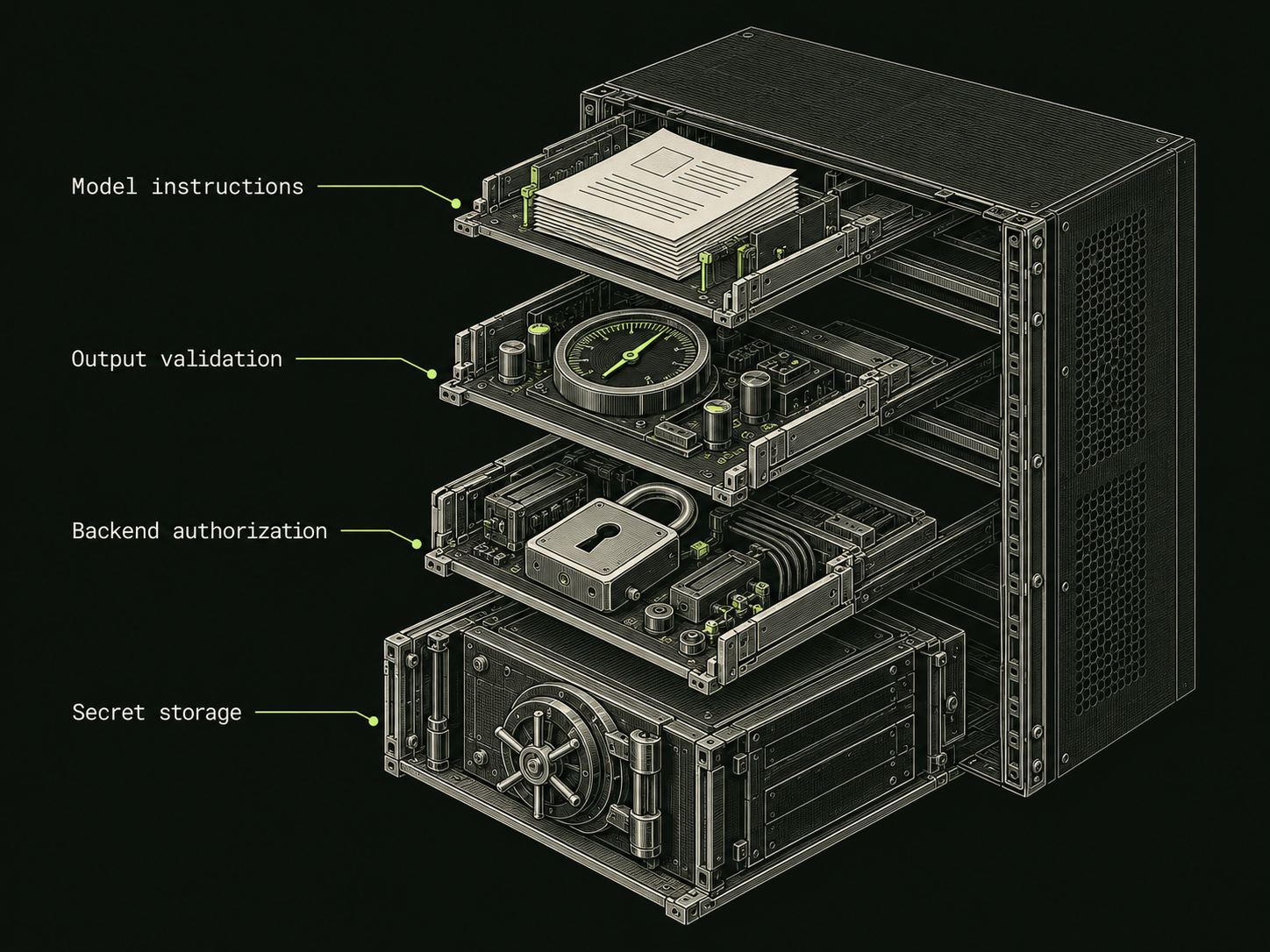 An exploded application chassis shows four shelves with a document, gauge, lock and vault; leader labels identify Model instructions, Output validation, Backend authorization and Secret storage.