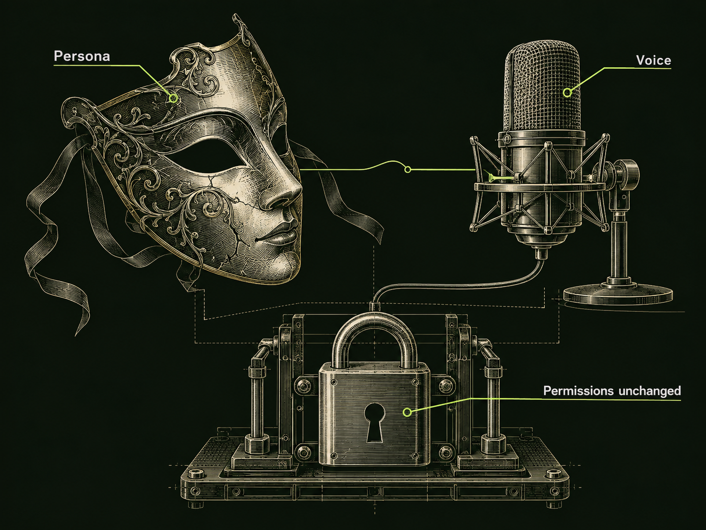 A theatrical mask labelled Persona connects to a microphone labelled Voice; a separate closed mechanical lock below is labelled Permissions unchanged.