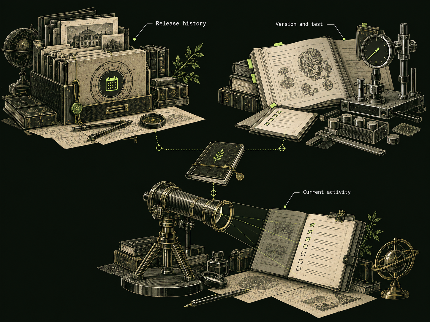 A research-desk plan connects a manuscript to an archival dossier labelled Release history, a technical manual and test gauge labelled Version and test, and a lens over a log labelled Current activity.