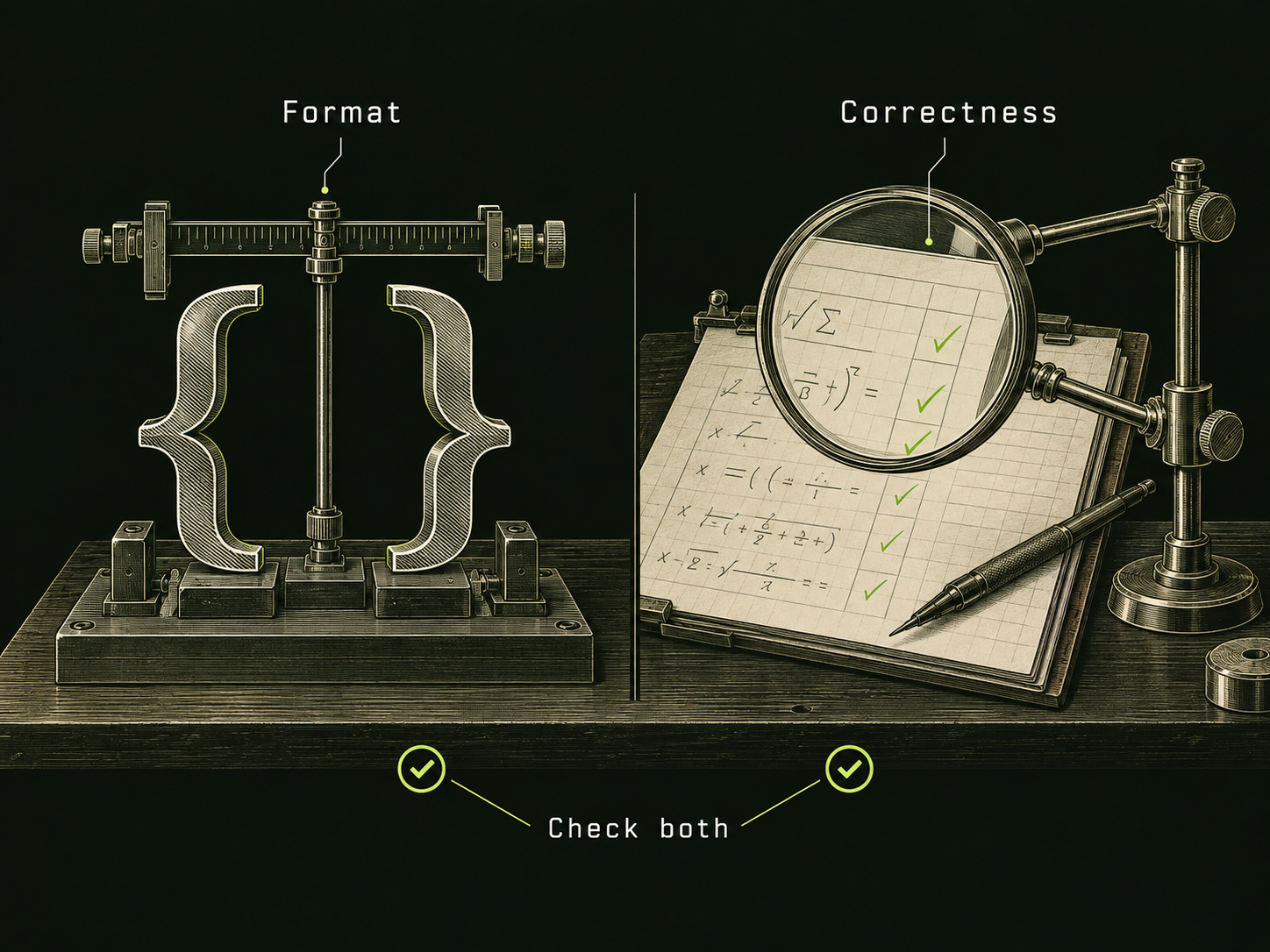 A two-part inspection bench shows curly braces under a gauge labelled Format and a calculation sheet under a magnifier labelled Correctness, with the annotation Check both.