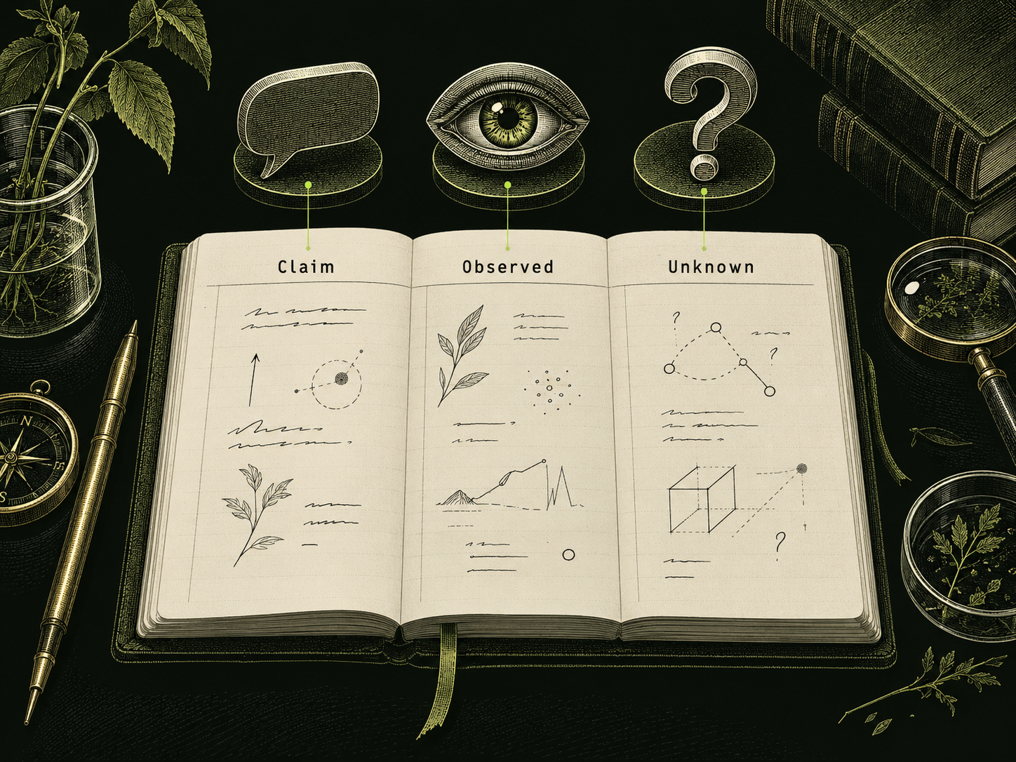 An open laboratory notebook has three ledger columns labelled Claim, Observed and Unknown, with a speech bubble, an eye and a question-mark token above the corresponding columns.