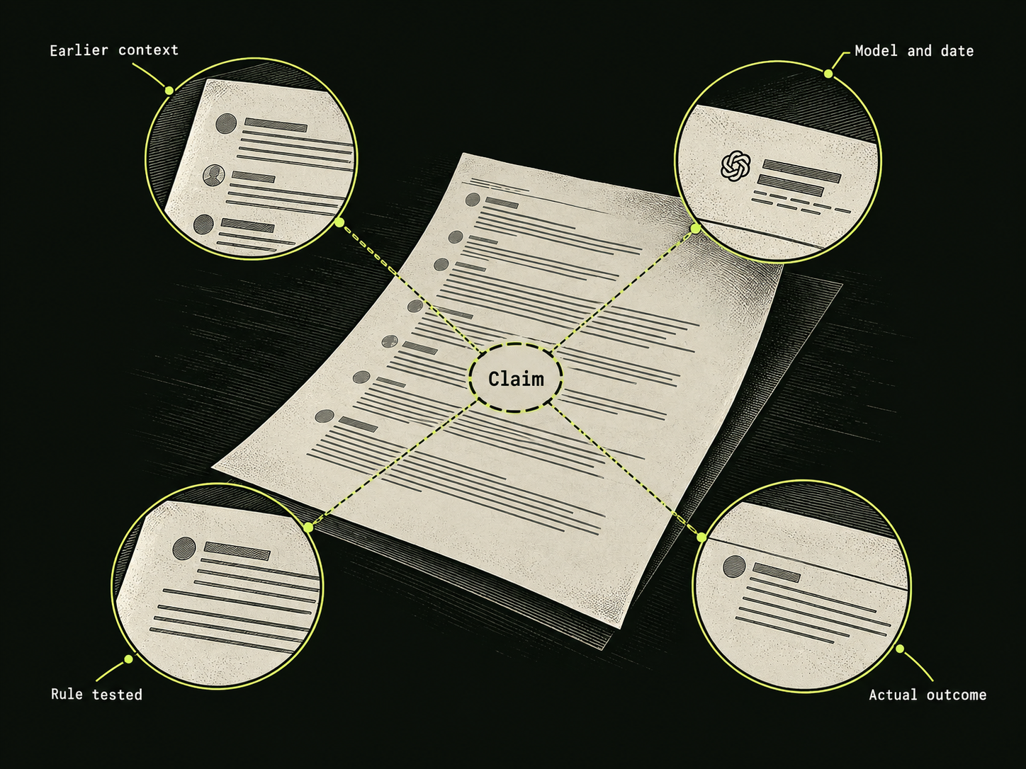 A paper printout stamped Claim is surrounded by four inspection callouts labelled Earlier context, Model and date, Rule tested and Actual outcome.