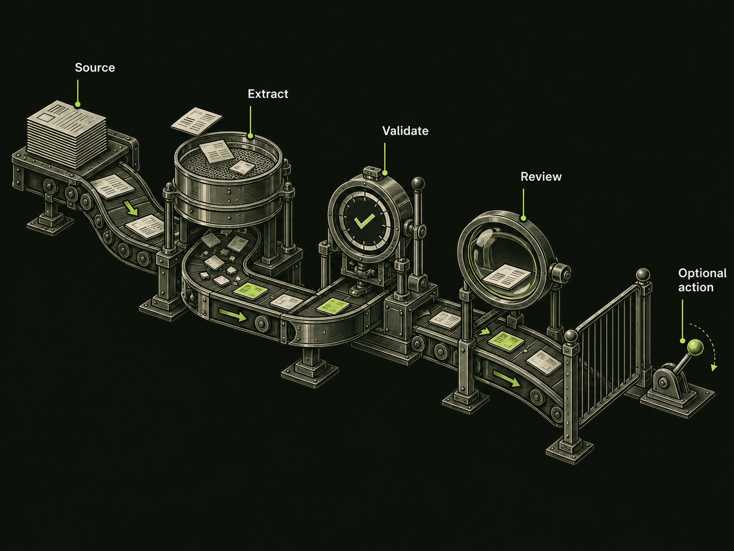 A drafting plan traces a document through stations labelled Source, Extract, Validate and Review, followed by a physical gate separating an Optional action lever.