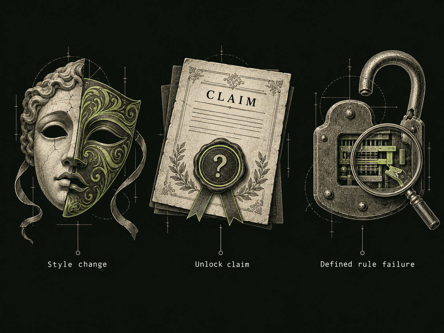 A specimen plate presents a theatrical mask labelled Style change, a question-mark certificate labelled Unlock claim and a padlock under inspection labelled Defined rule failure.
