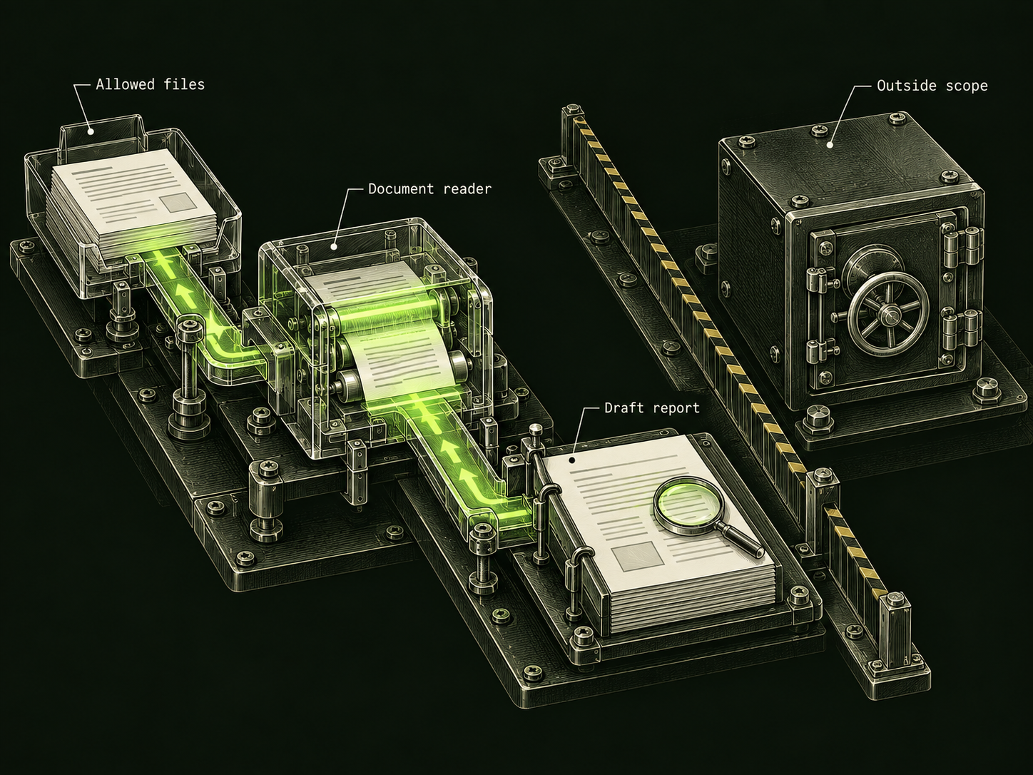 A dedicated invoice tray connects through a transparent document reader to a draft report with a magnifying glass. A closed payment vault stands behind a boundary rail outside the connected workflow.
