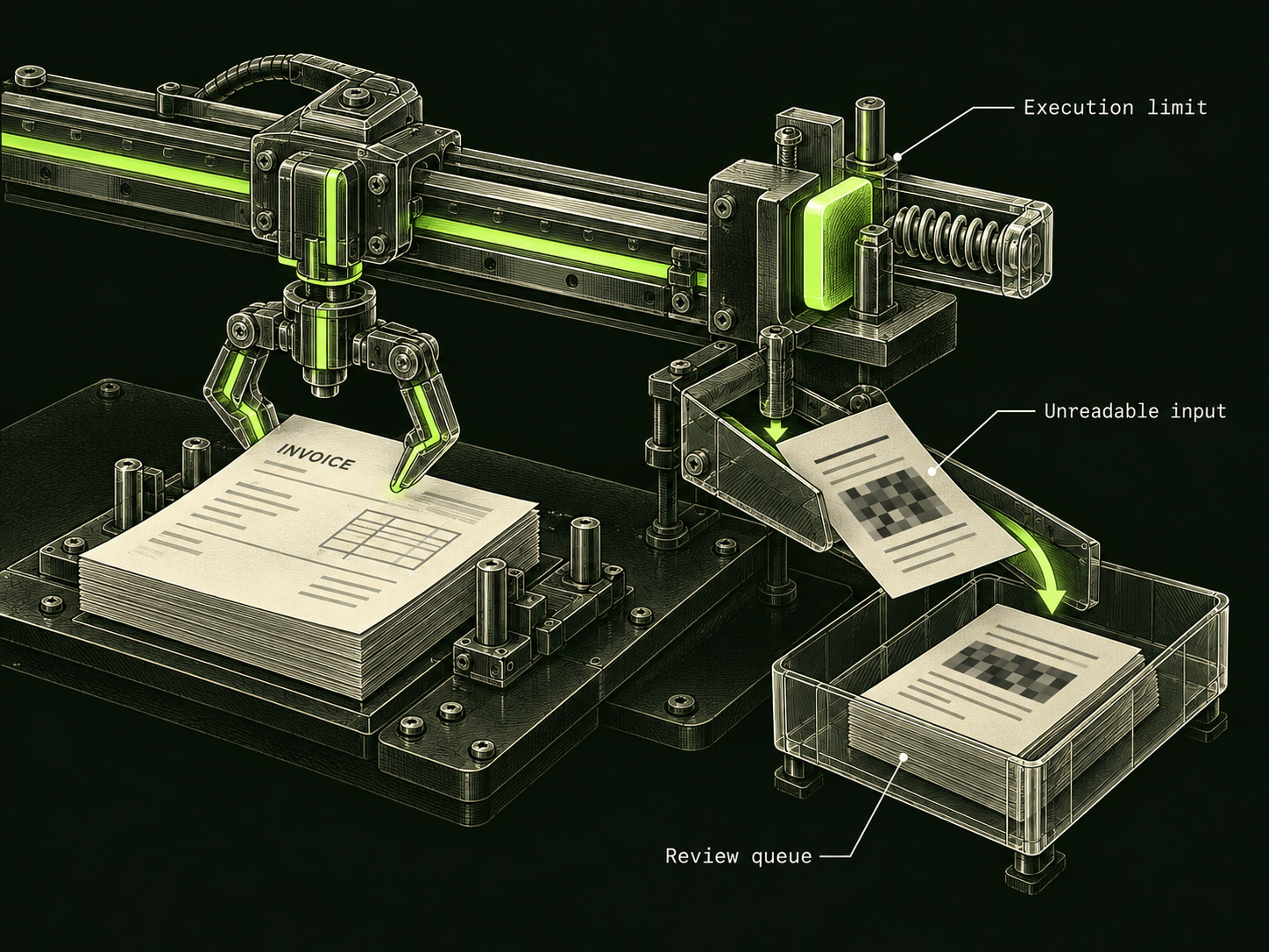 A robotic document gripper runs along a rail with a lime mechanical stop labelled Execution limit. An obscured invoice is diverted into a tray labelled Review queue beside the Unreadable input annotation.