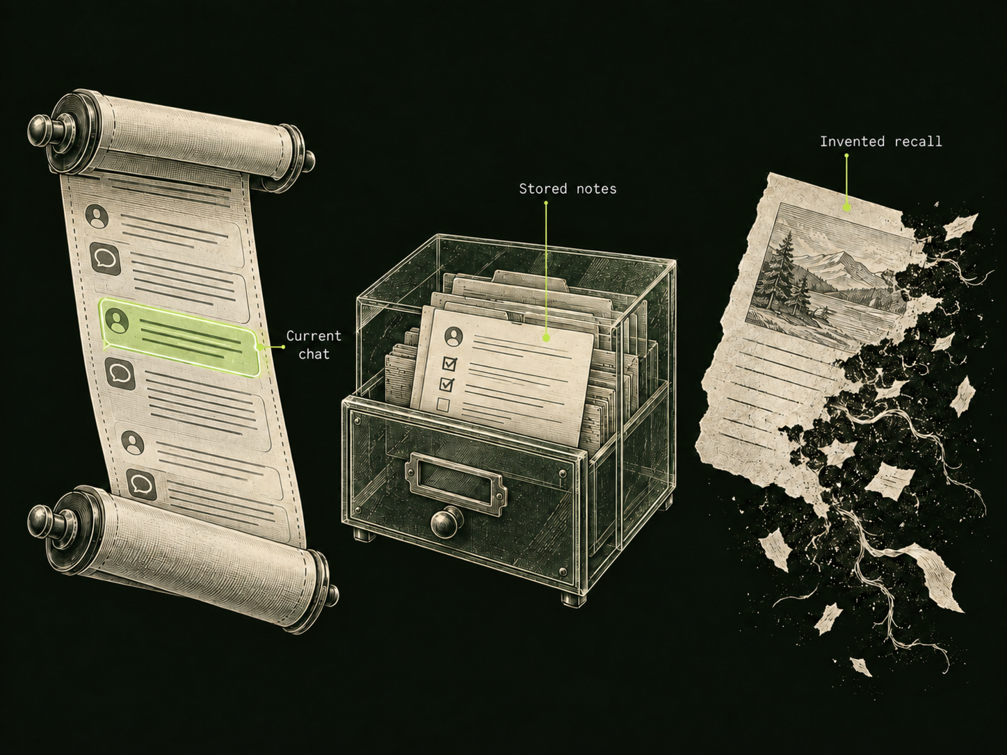 A conversation scroll highlights a line from the current chat. Beside it are a transparent drawer of stored preference cards and a partially disintegrating note labelled Invented recall.