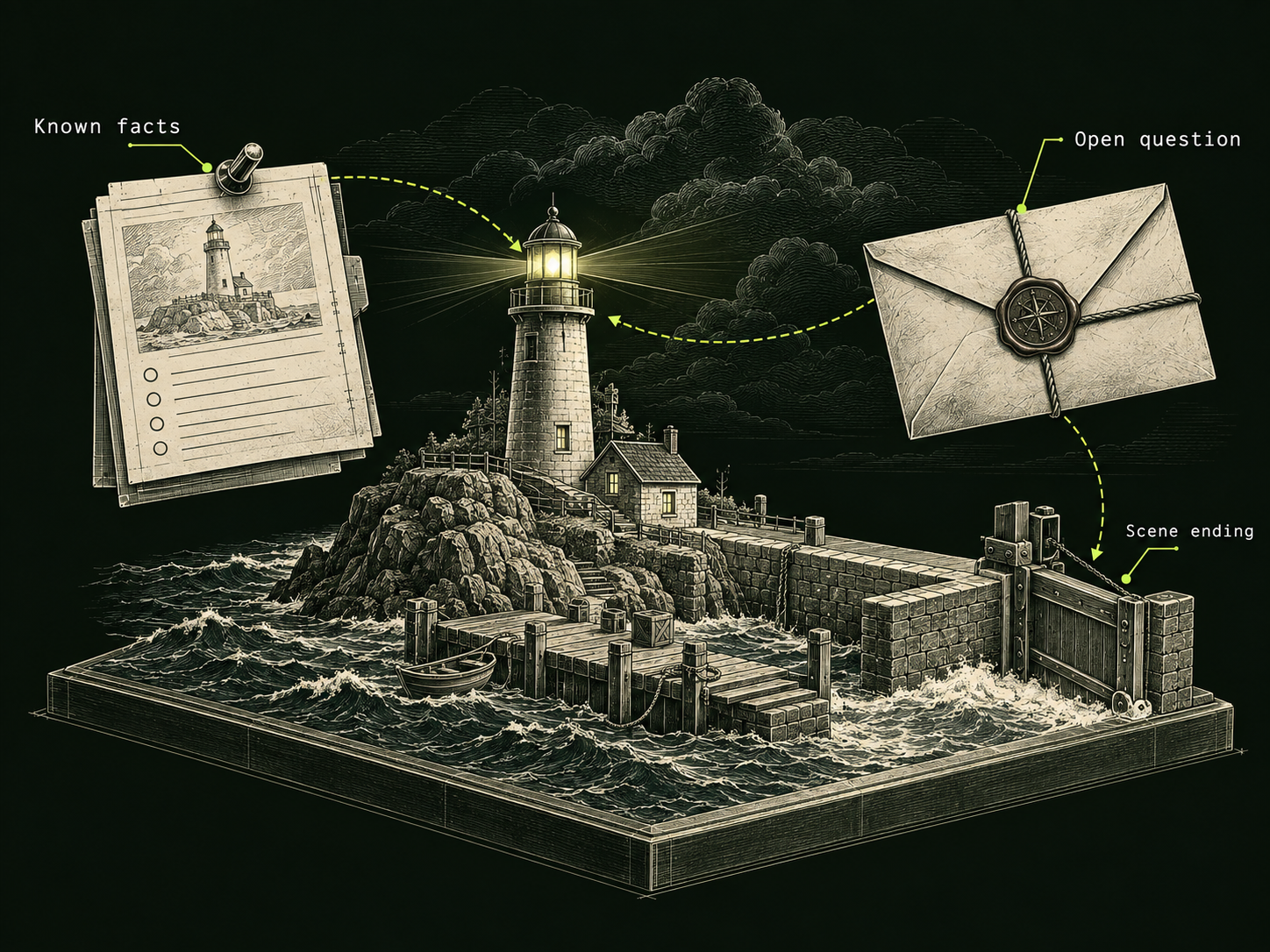 An engraved lighthouse and harbour diorama sits between a pinned Known facts card, a sealed Open question envelope and a gate labelled Scene ending.