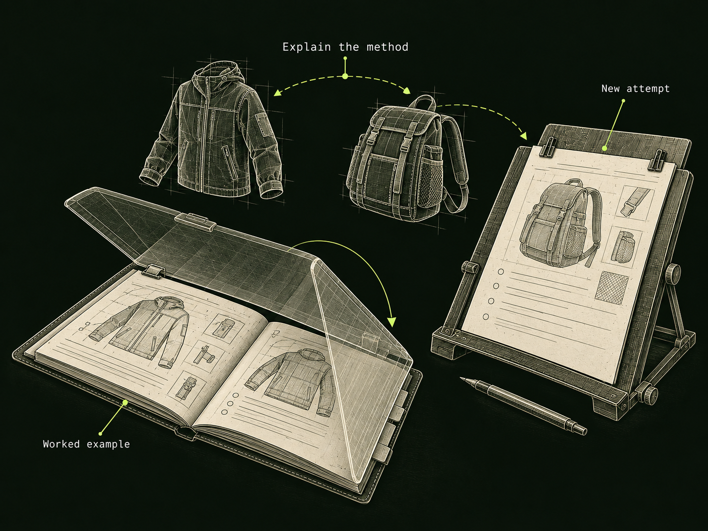 An open worked-example notebook sits beneath a hinged cover beside a new backpack exercise on a drafting stand. Floating jacket and backpack sketches connect through lime arrows labelled Explain the method.