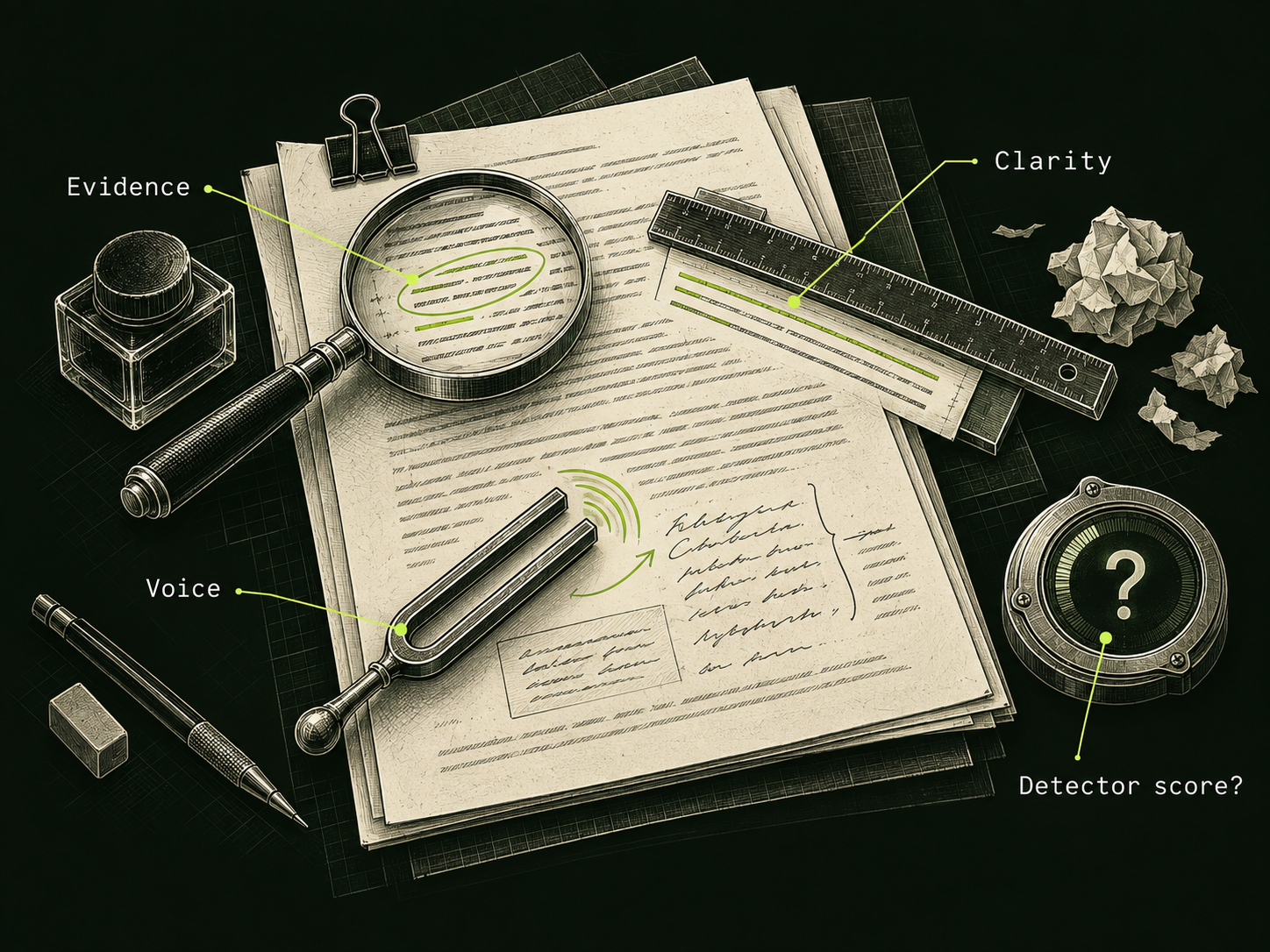 A marked manuscript lies beneath a magnifying glass, ruler and tuning fork, with lime labels for Evidence, Clarity and Voice. A separate detector dial carries a question mark.