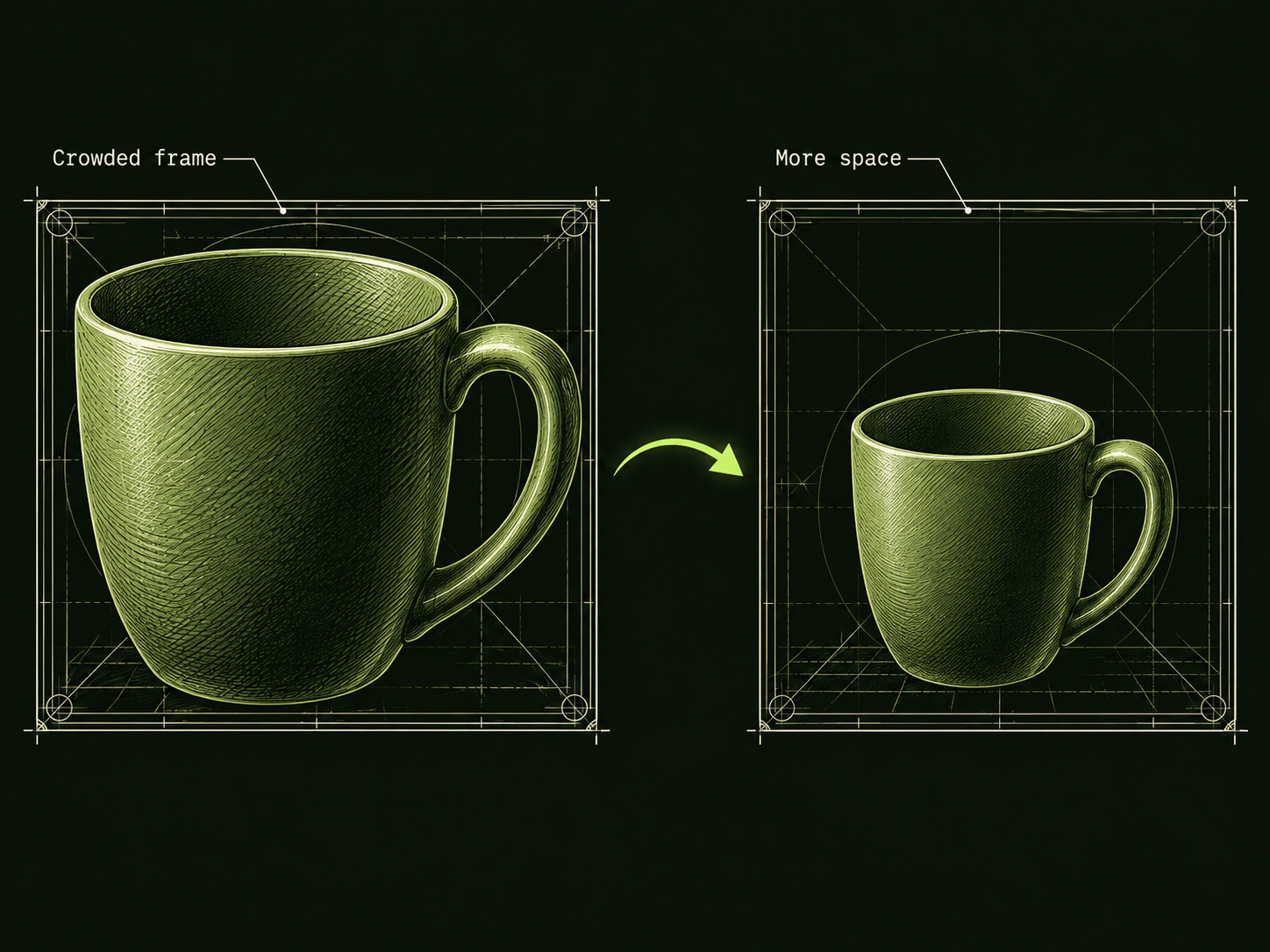 Two drafting frames compare the same olive cup with a right-side handle. The Crowded frame contains a large cup; the More space frame contains a smaller cup with empty space above, linked by a lime revision arrow.