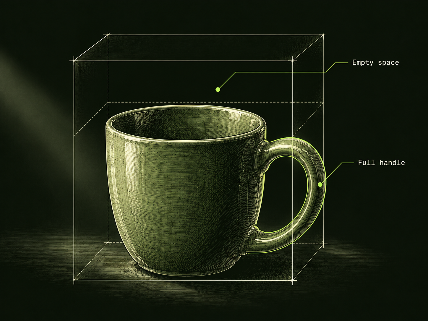 An engraved olive cup with a complete handle on the right sits inside a transparent composition frame. Lime leaders label the empty area above it and the Full handle beside its grounded shadow.