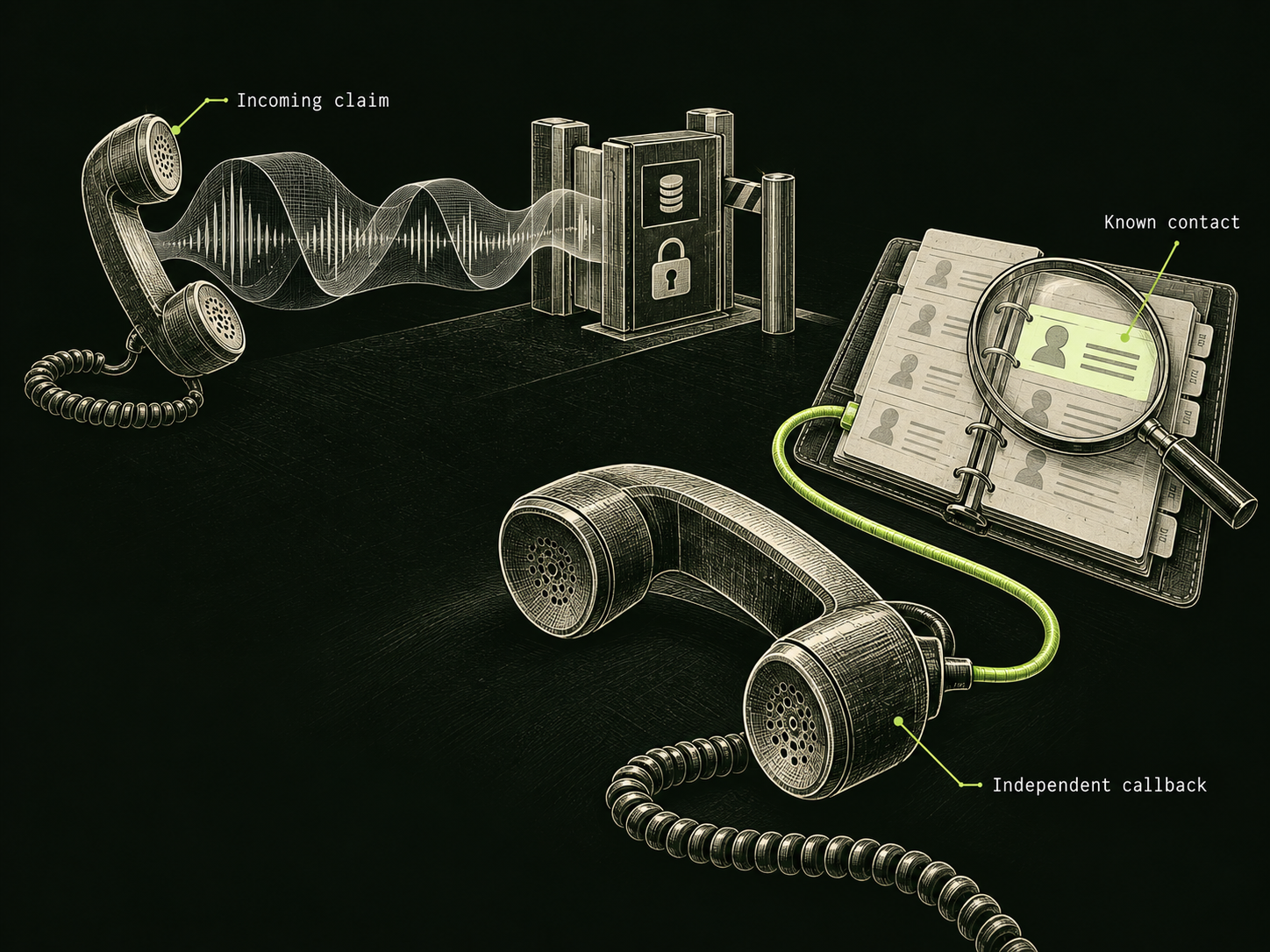 An incoming telephone handset sends a translucent audio ribbon toward a closed payment gate. A separate callback handset connects by a lime cable to a saved contact in an address book.