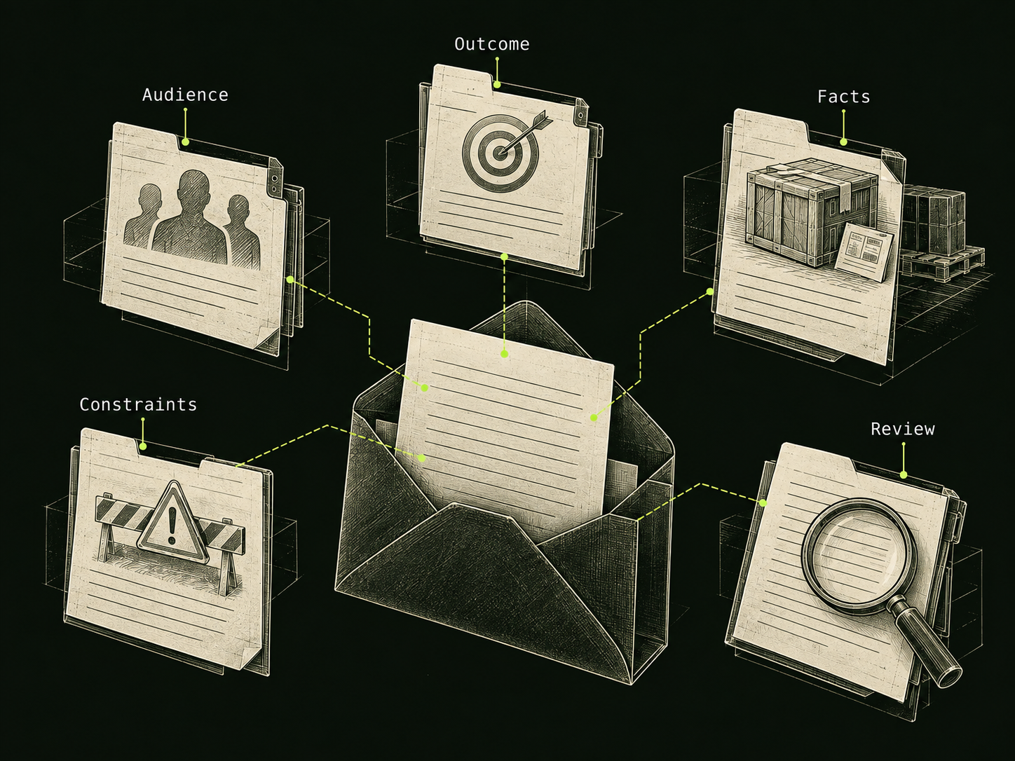 Five paper tabs labelled Audience, Outcome, Facts, Constraints and Review connect by lime registration lines to a letter in an open envelope. A shipping crate marks Facts and a magnifying glass marks Review.