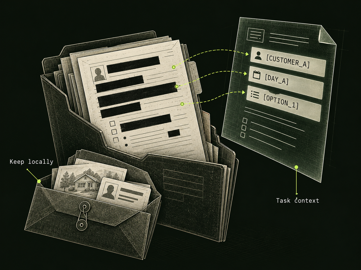 A folder holds a document with black redaction strips beside a local envelope containing identity and address cards. Lime arrows lead to a brief labelled [CUSTOMER_A], [DAY_A] and [OPTION_1].