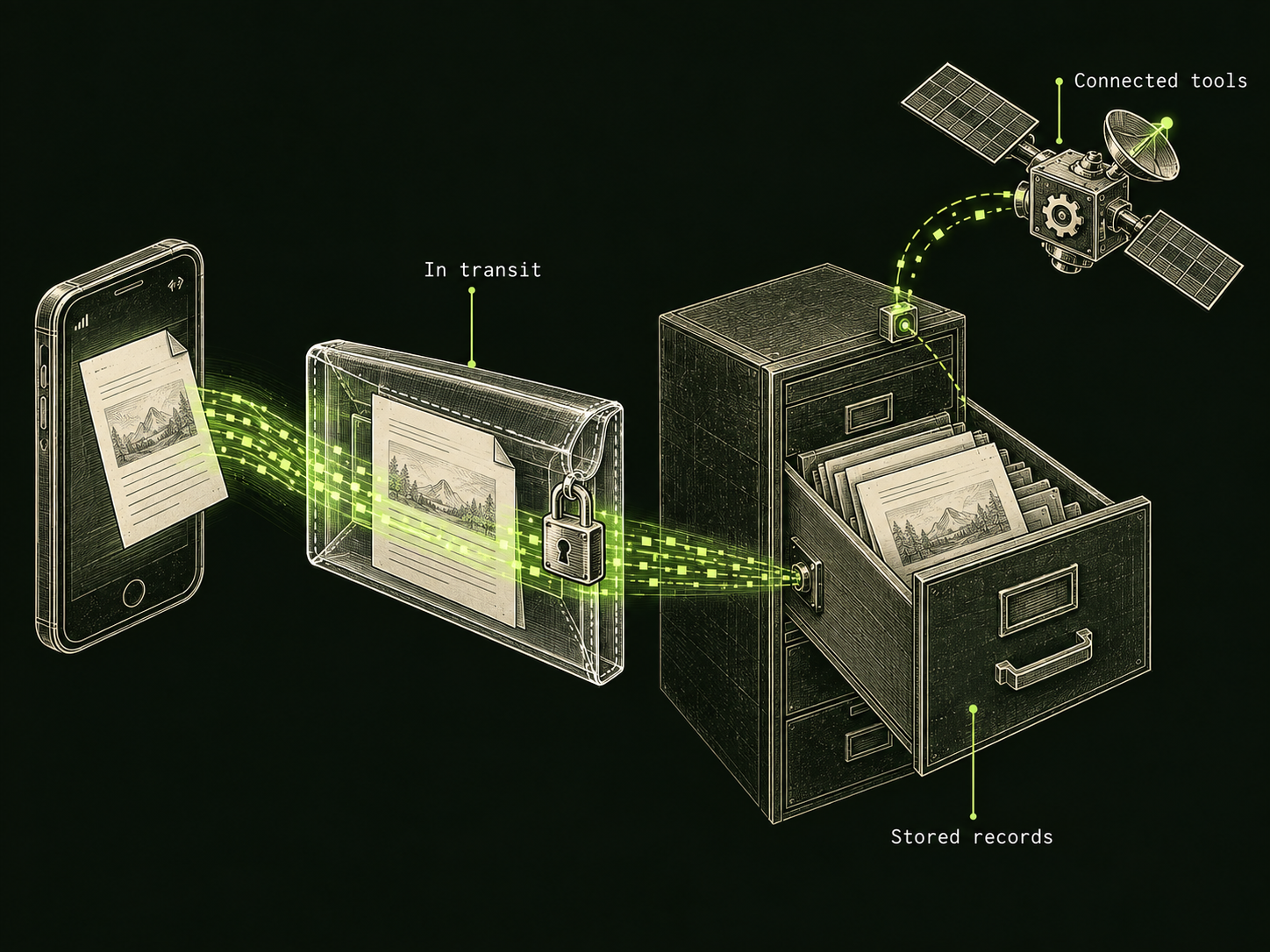 A paper message moves from a phone through a transparent sleeve with a padlock into an open archive drawer. A separate connected-tools satellite is linked above the stored records.