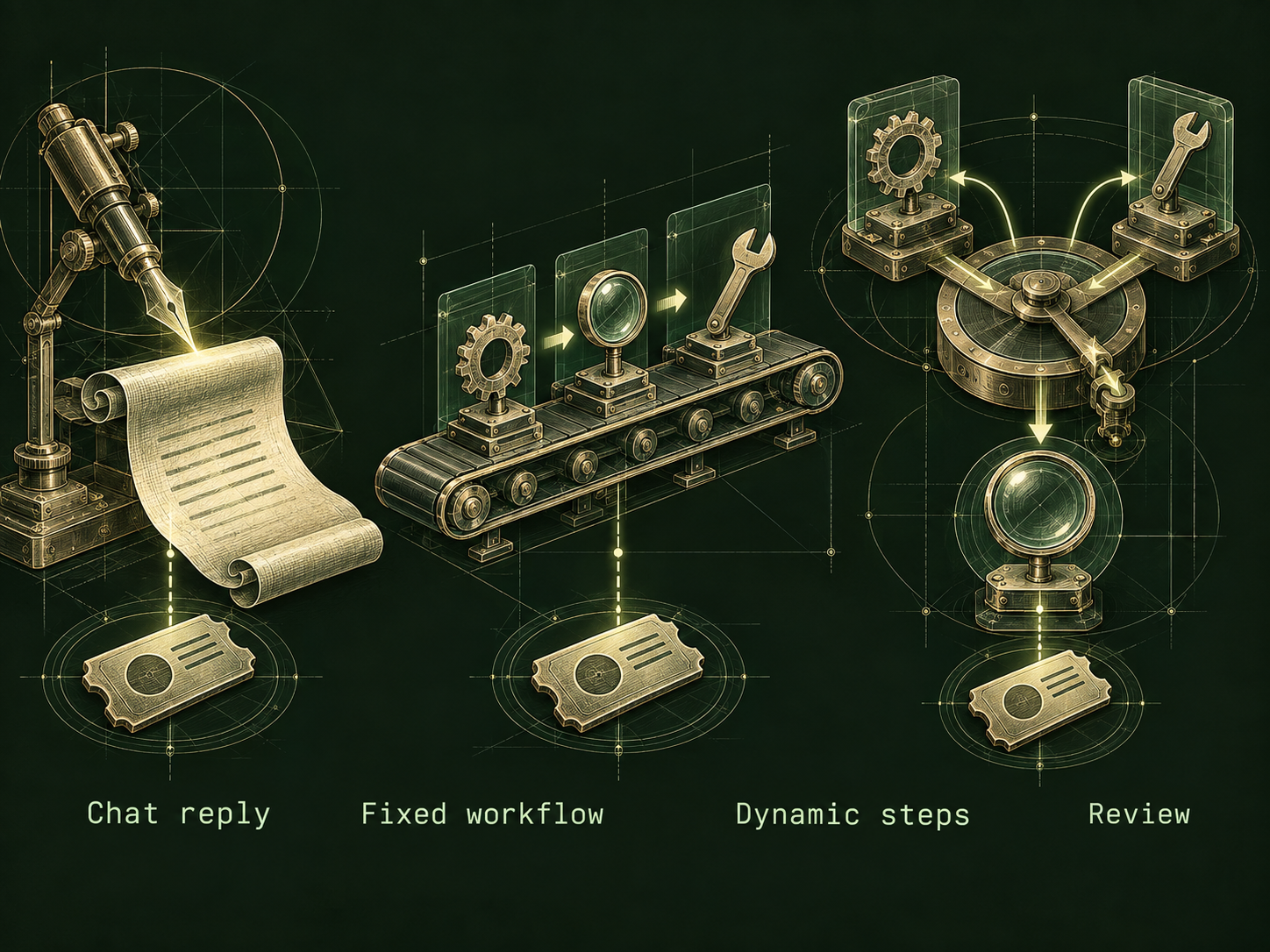 Three engraved mechanisms compare control designs: a pen writing a Chat reply, a straight conveyor labelled Fixed workflow, and a rotary selector for Dynamic steps with a separate Review lens.