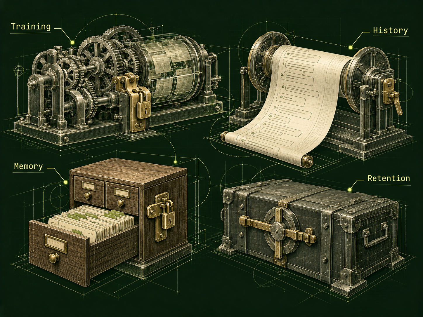 Four independently latched objects represent data uses: a Training gear mechanism, a History scroll, a Memory card cabinet and a closed Retention archive chest, each with its own label.