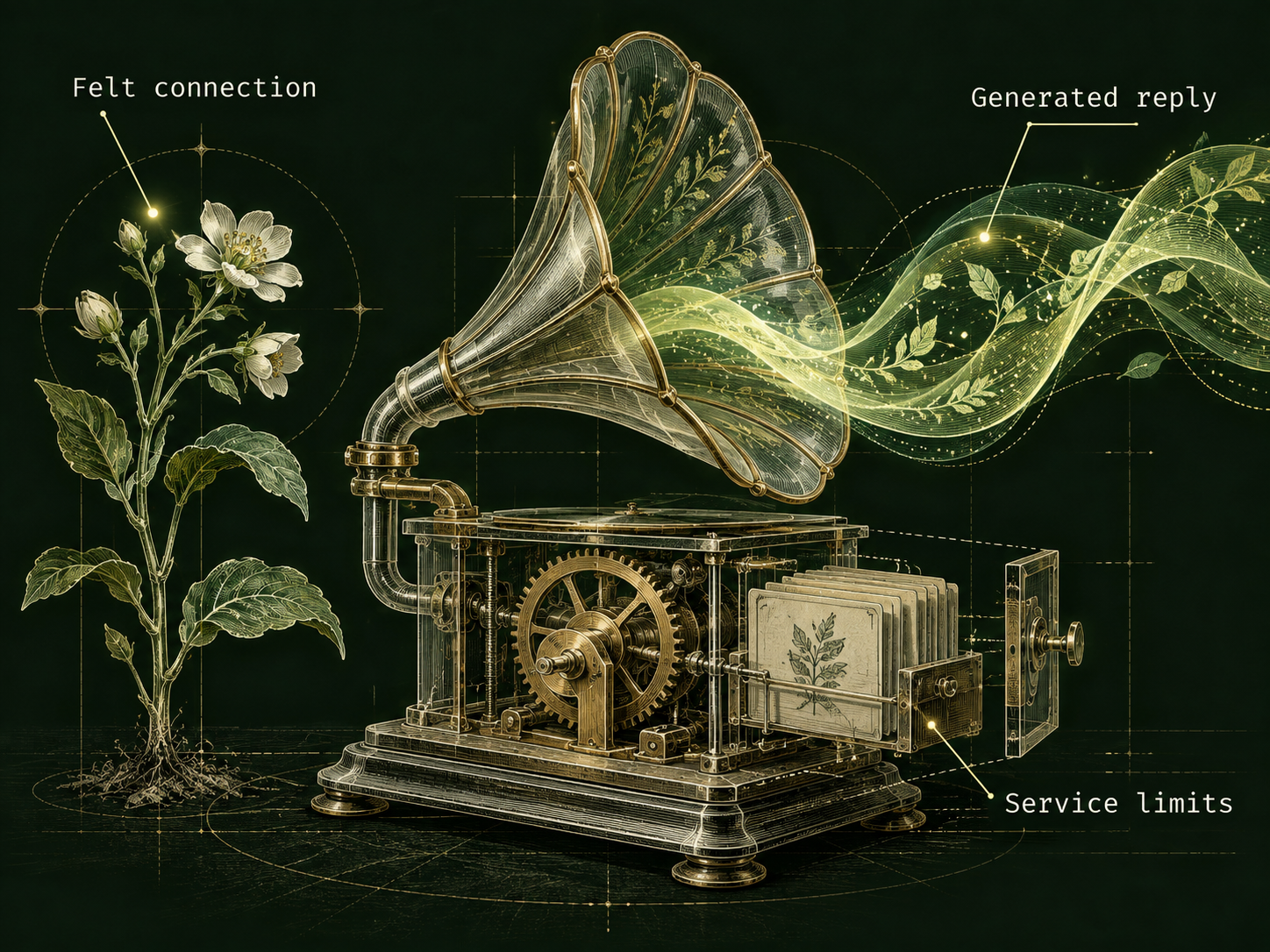 A flowering stem labelled Felt connection stands beside a transparent conversation horn emitting a lime ribbon. Its exposed base contains gears, cards and a latch labelled Service limits.