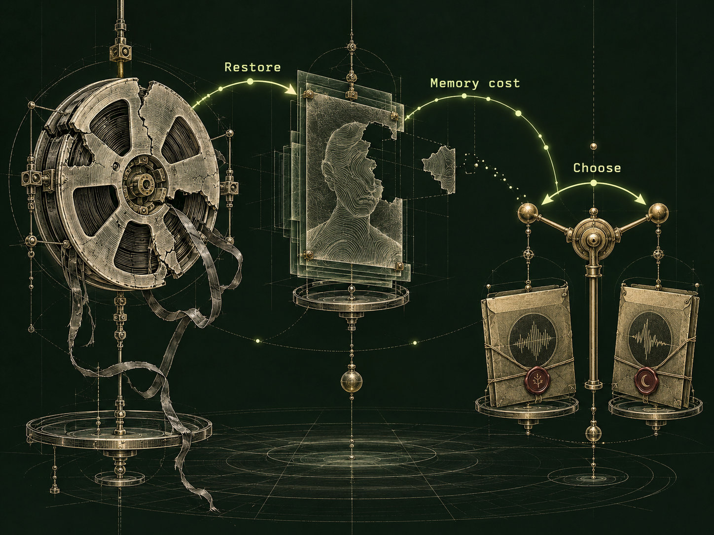 A cracked recording reel connects to an incomplete portrait in a glass frame. A lime path labelled Memory cost reaches a two-way choice lever holding two sealed recording envelopes.
