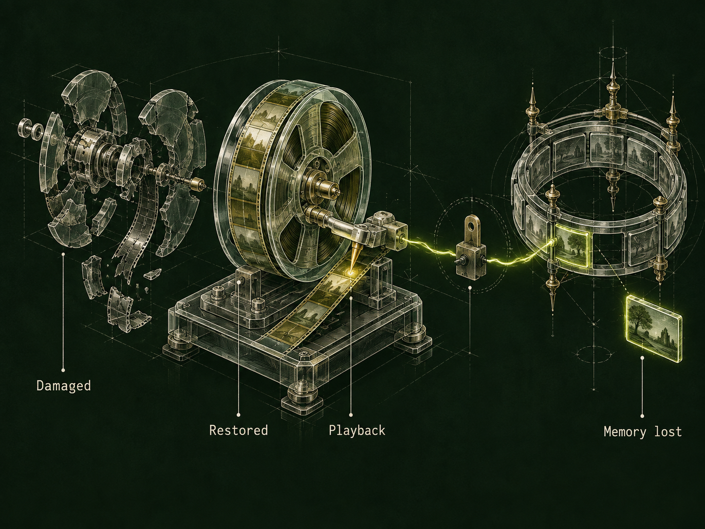 An exploded damaged reel sits beside a restored reel and playback stylus. A lime connection leads to a circular ring of memory pictures, with one picture detached under the label Memory lost.