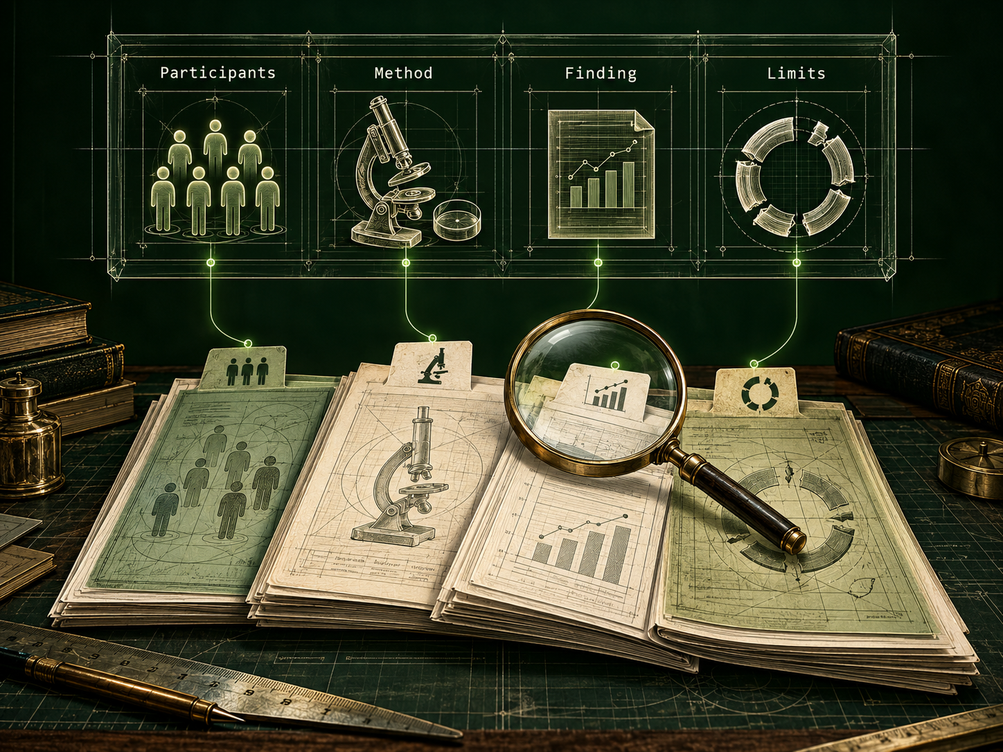An open research ledger holds four tabbed sheets beneath a transparent comparison frame labelled Participants, Method, Finding and Limits. A magnifier examines the finding sheet.