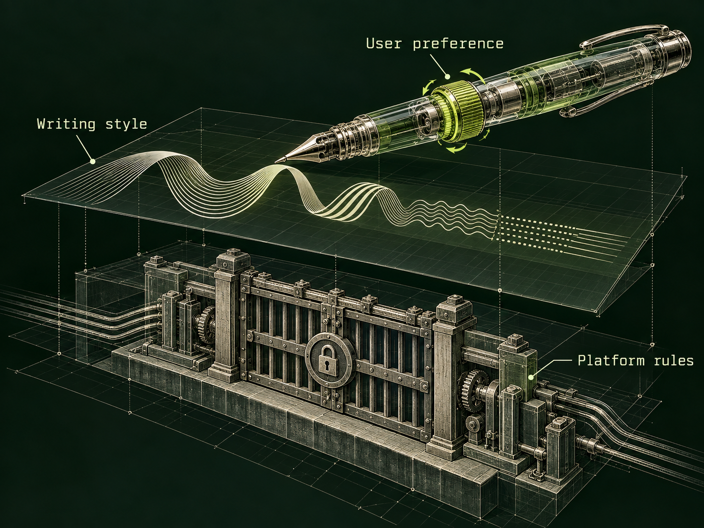 A transparent pen with a lime adjustment ring shapes a writing ribbon on an upper glass layer. A separate mechanical gate below is labelled Platform rules.