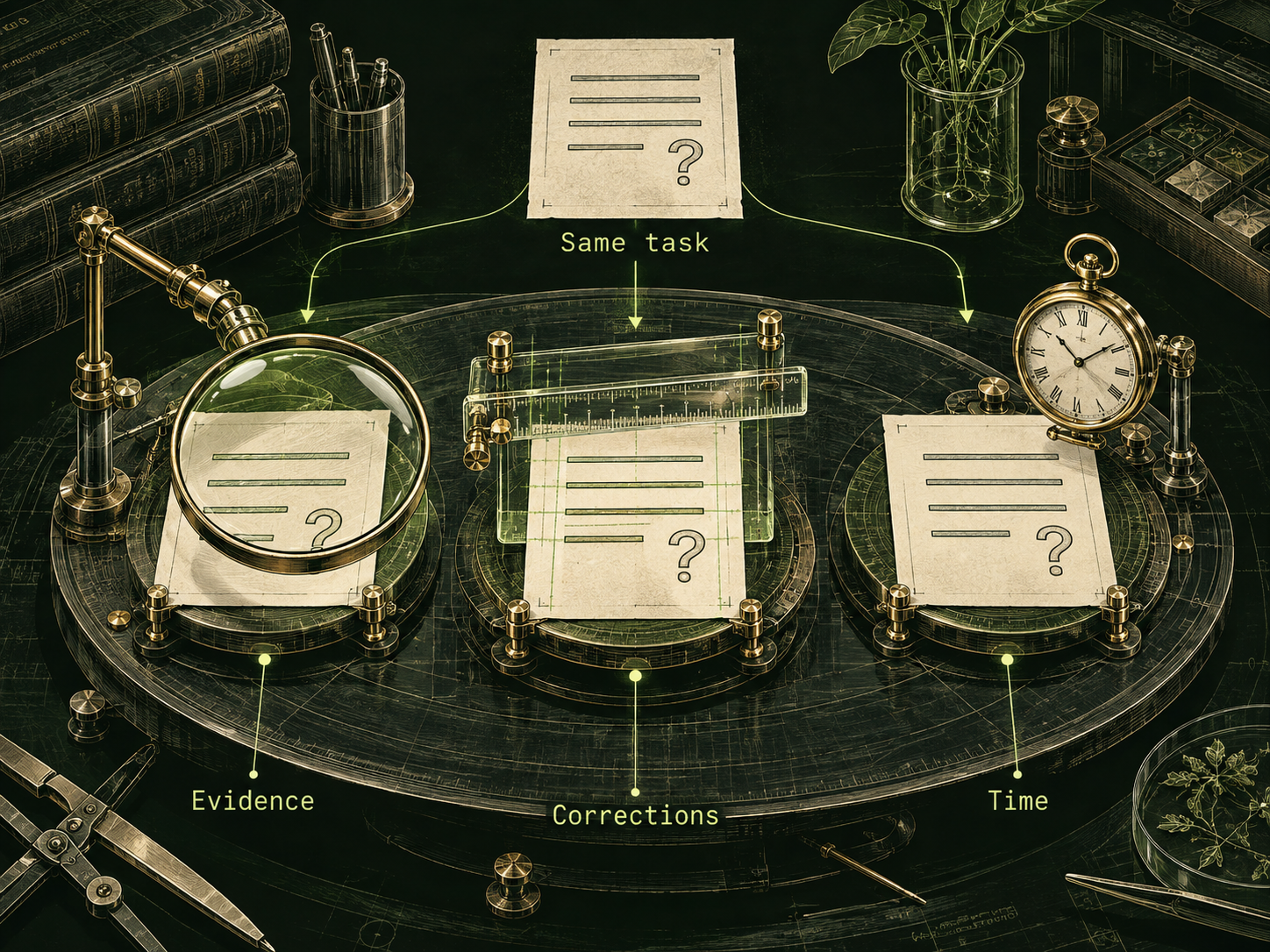 An engraved event brief branches to three matching paper copies on a circular bench. A magnifier, transparent ruler and clock examine the copies under labels Evidence, Corrections and Time.