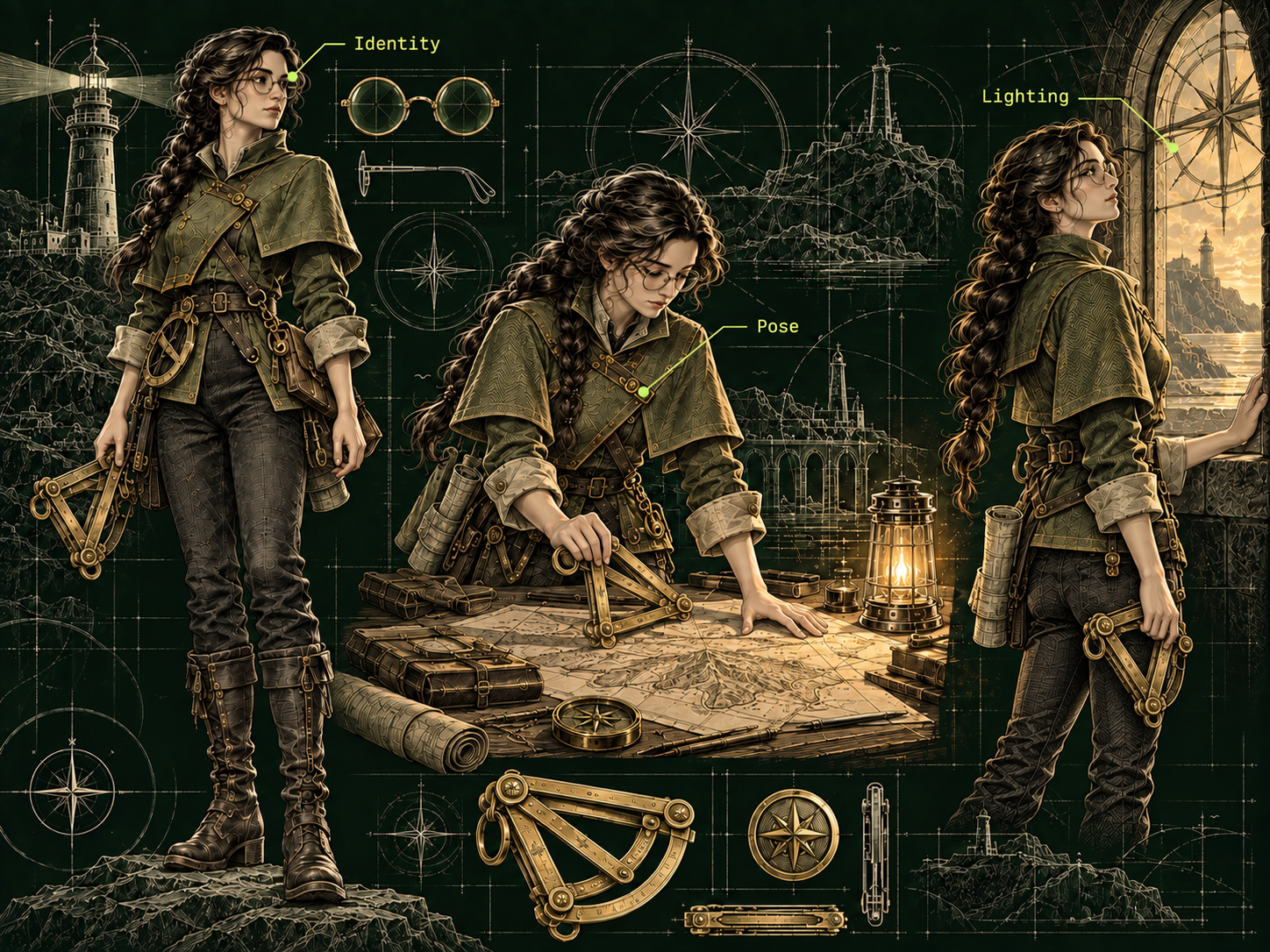 Three studies show Nera standing, leaning over a chart and turning toward a lit window. Her dark braid, round glasses, asymmetrical coat and brass instrument recur under Identity, Pose and Lighting labels.