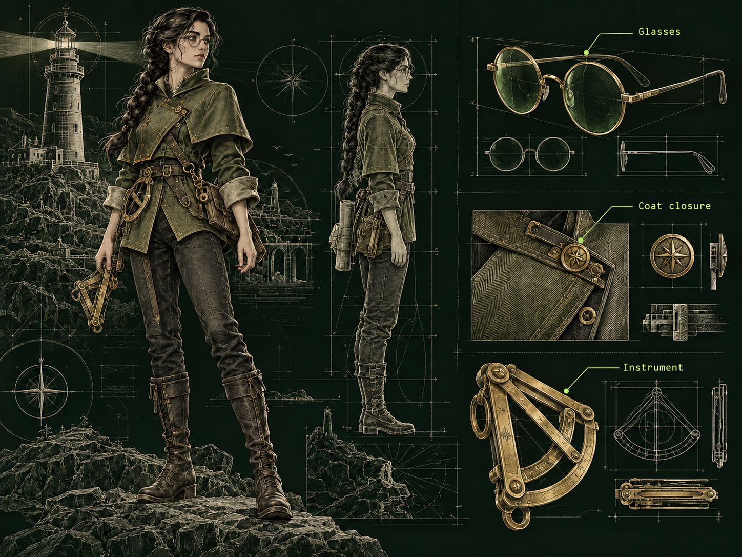 A reference sheet depicts Nera with a dark braid, round brass-rimmed glasses and an asymmetrical olive coat. A side view and enlarged studies show her glasses, coat closure and folding instrument.