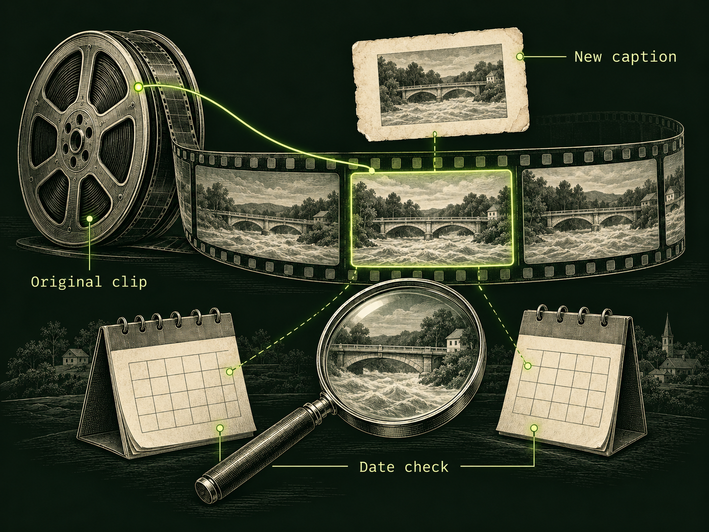 A film reel shows a repeated bridge and flood scene. A separate card labelled New caption floats above the strip, while a magnifier and two calendars sit below under Date check.