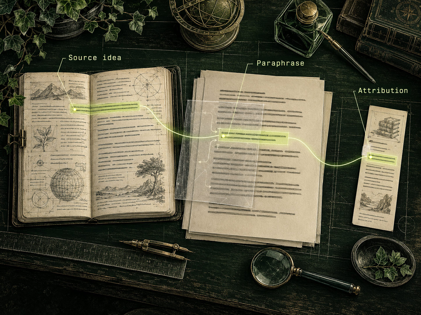A highlighted idea in an illustrated notebook connects by a lime thread to a paraphrased draft and an attribution slip. Transparent tracing sheets overlay the draft on an engraved writing desk.