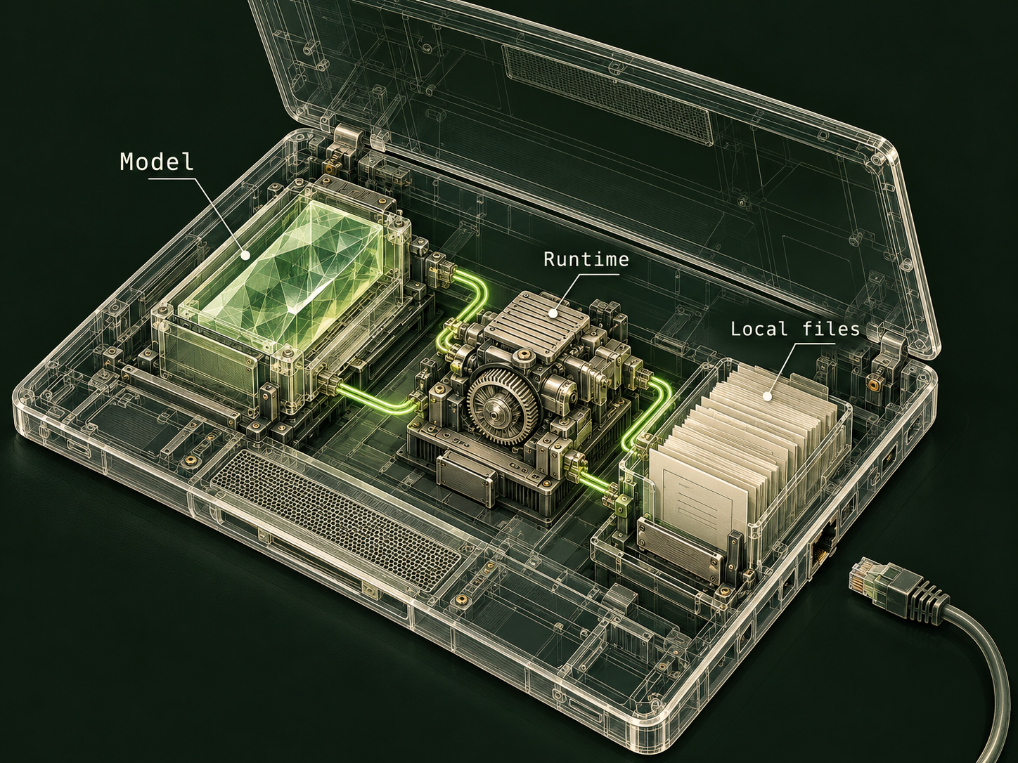 A transparent laptop enclosure contains a crystalline Model cartridge, a mechanical Runtime and an archive labelled Local files, connected by lime paths. A network cable lies unplugged outside.