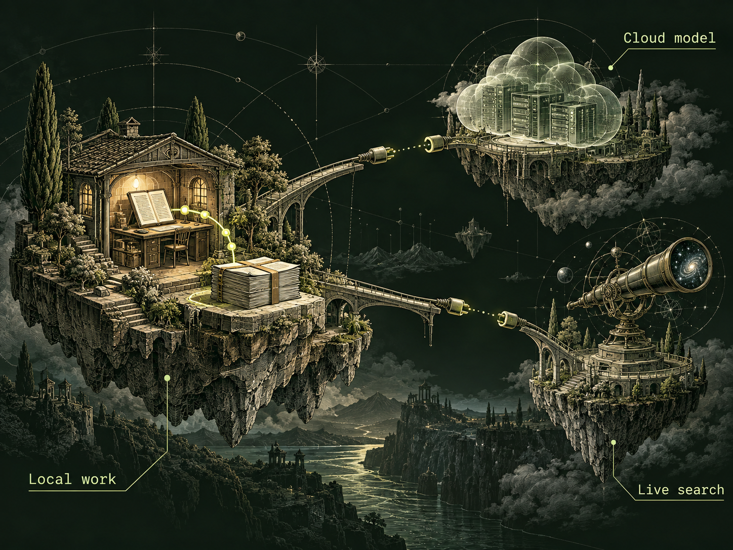 An island workshop holds an open handbook and local documents. Two broken bridges with unplugged connectors separate it from a cloud of servers and a telescope labelled Live search.