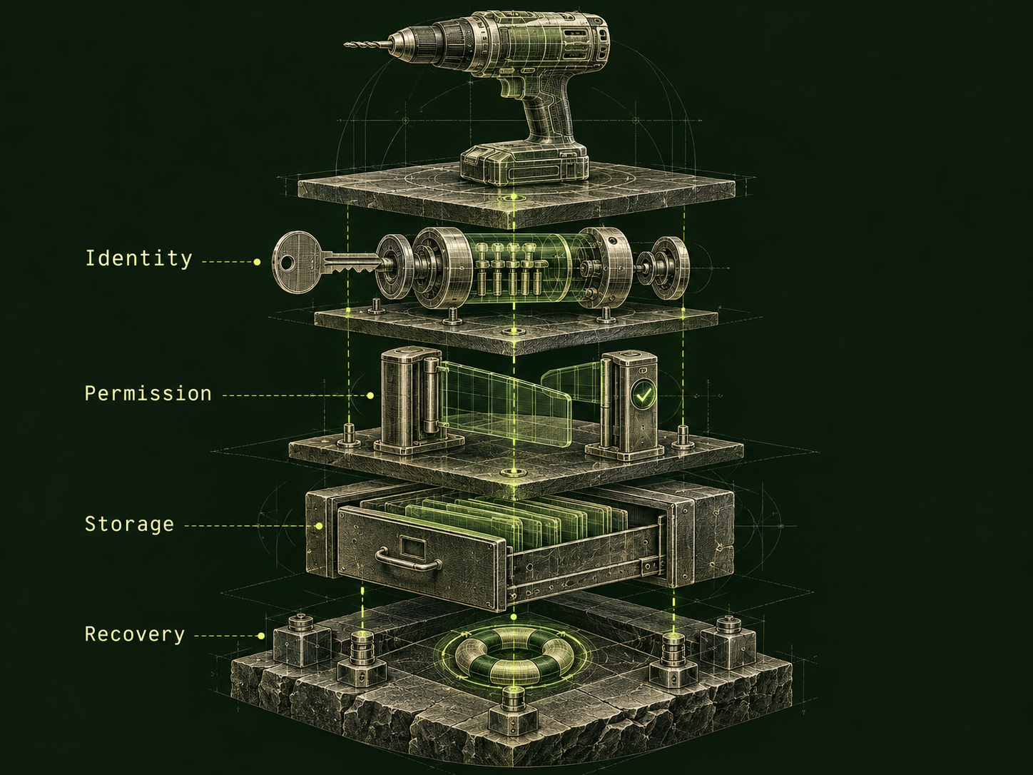An exploded engraving places a drill on a display platform above four separate layers: an Identity key, a Permission gate, a Storage drawer and a circular Recovery component.