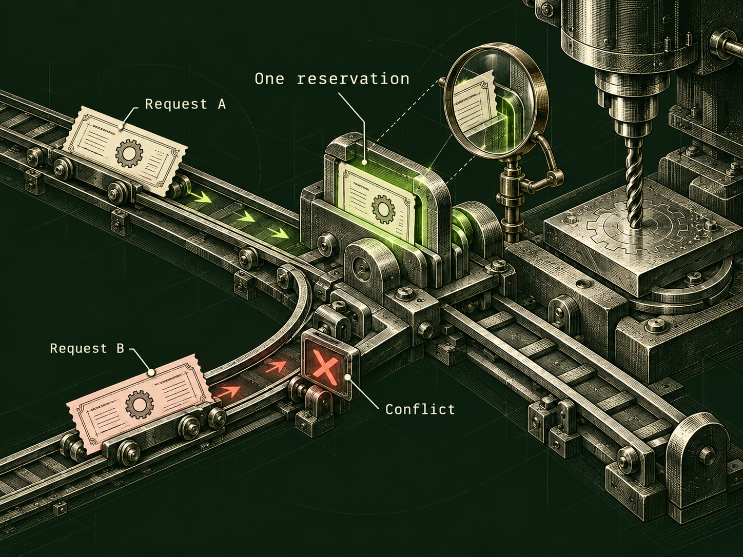 Two request tickets approach a single reservation latch on converging rails. Request A occupies the lime-lit slot while Request B reaches a red Conflict marker beside the drill mechanism.