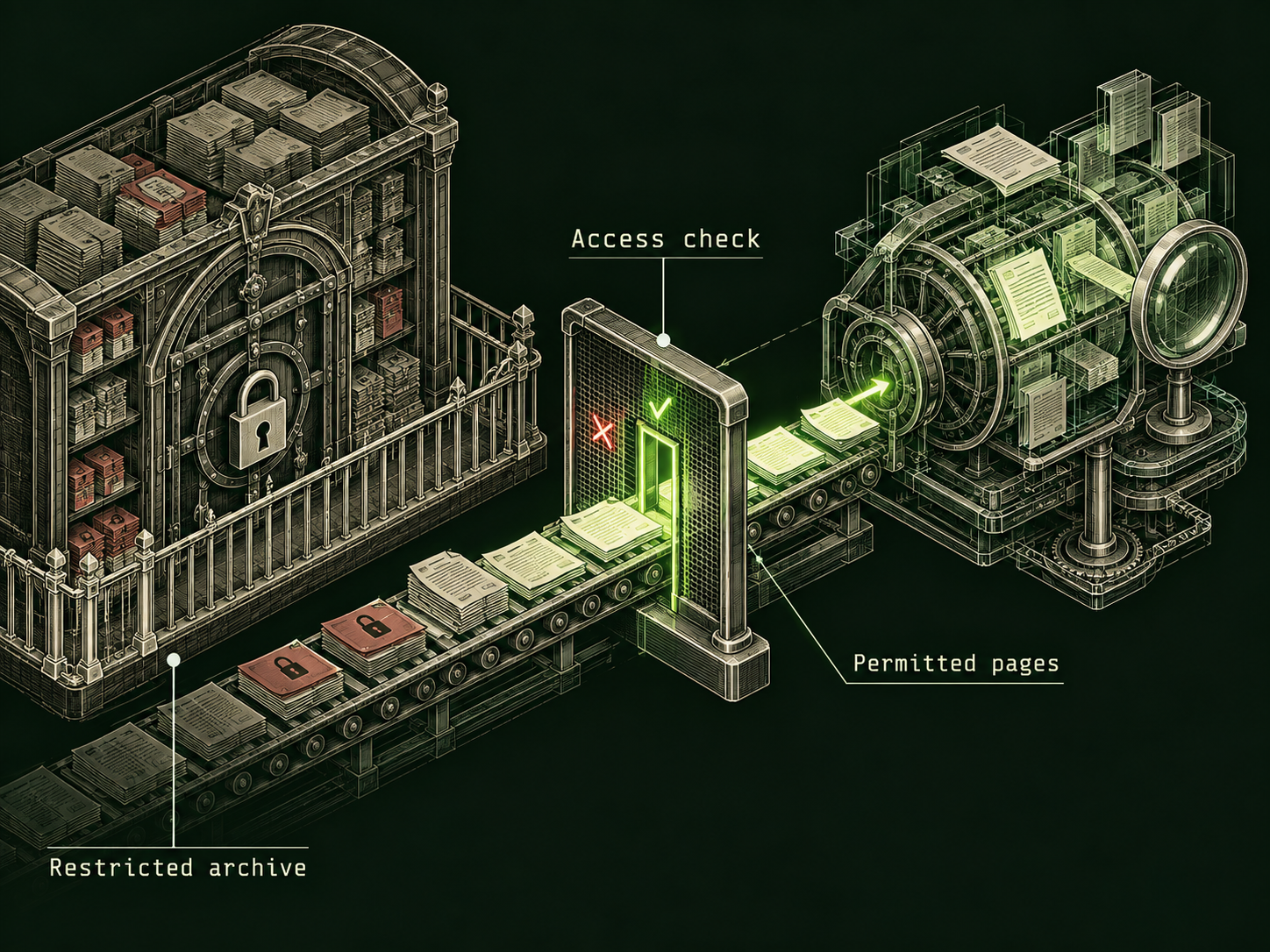 A locked archive stands beside a document conveyor. An Access check gate blocks lock-marked pages while lime-lit permitted pages continue to a transparent retrieval machine.