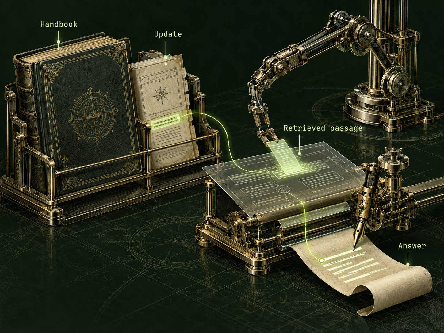 A mechanical retrieval arm lifts a highlighted passage from an update beside a handbook. The passage reaches a transparent drafting sheet and a pen, with a lime thread linking it to the answer.