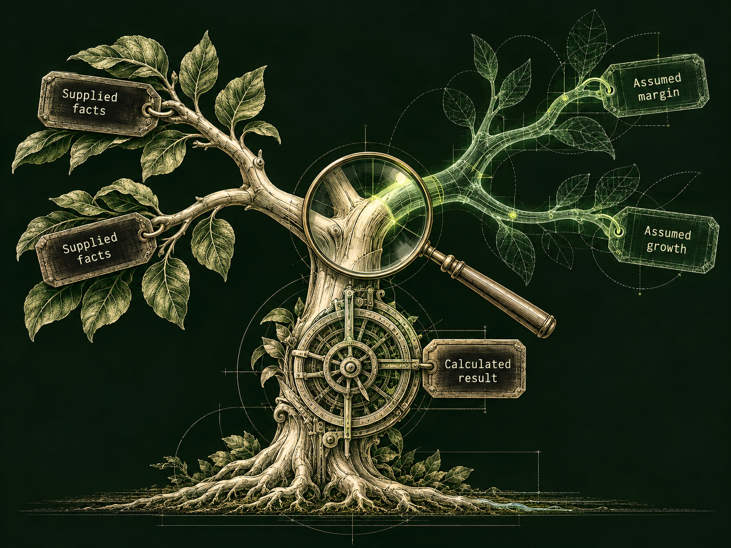 Two solid branches labelled Supplied facts meet a tree trunk containing a calculation wheel. A magnifier exposes transparent branches labelled Assumed margin and Assumed growth.